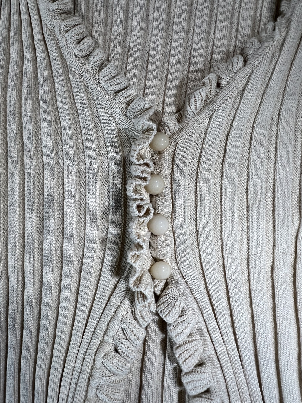 Ribbed Ruffle-Trim Beige Blouse‎ - Picture 5 of 6